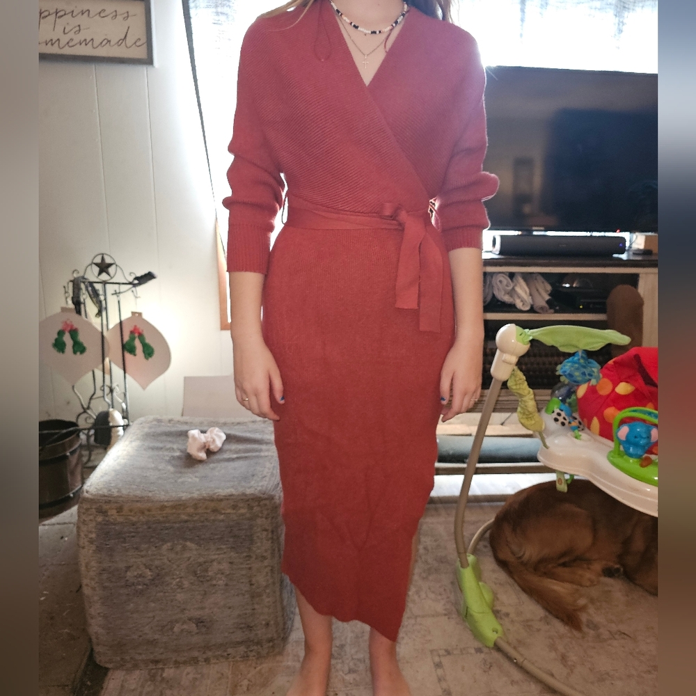 Elegant Rust Wrap Sweater Dress